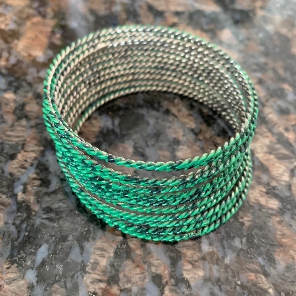 Metal Stacked Bracelets in Green and Black Pattern